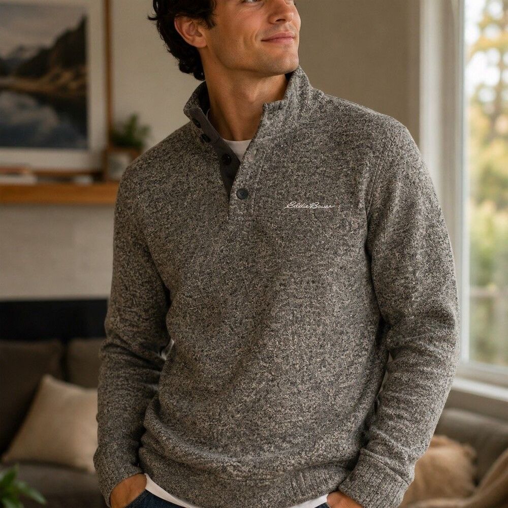Eddie Bauer Sweater Mens Size L Gray Heather Fleece Pullover 1/4 Snap